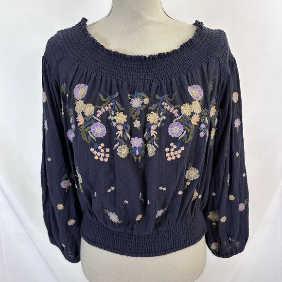 FREE PEOPLE SAACHI SMOCK Off the Shoulder EMBROIDERED FLORAL TOP Size M Boho - Picture 2 of 9